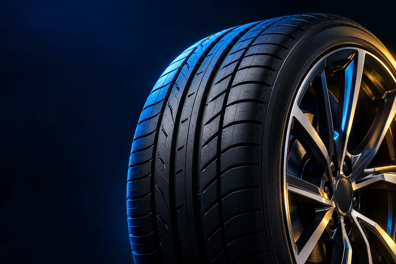 Illustrative studio photograph of an automotive tyre and alloy wheel
