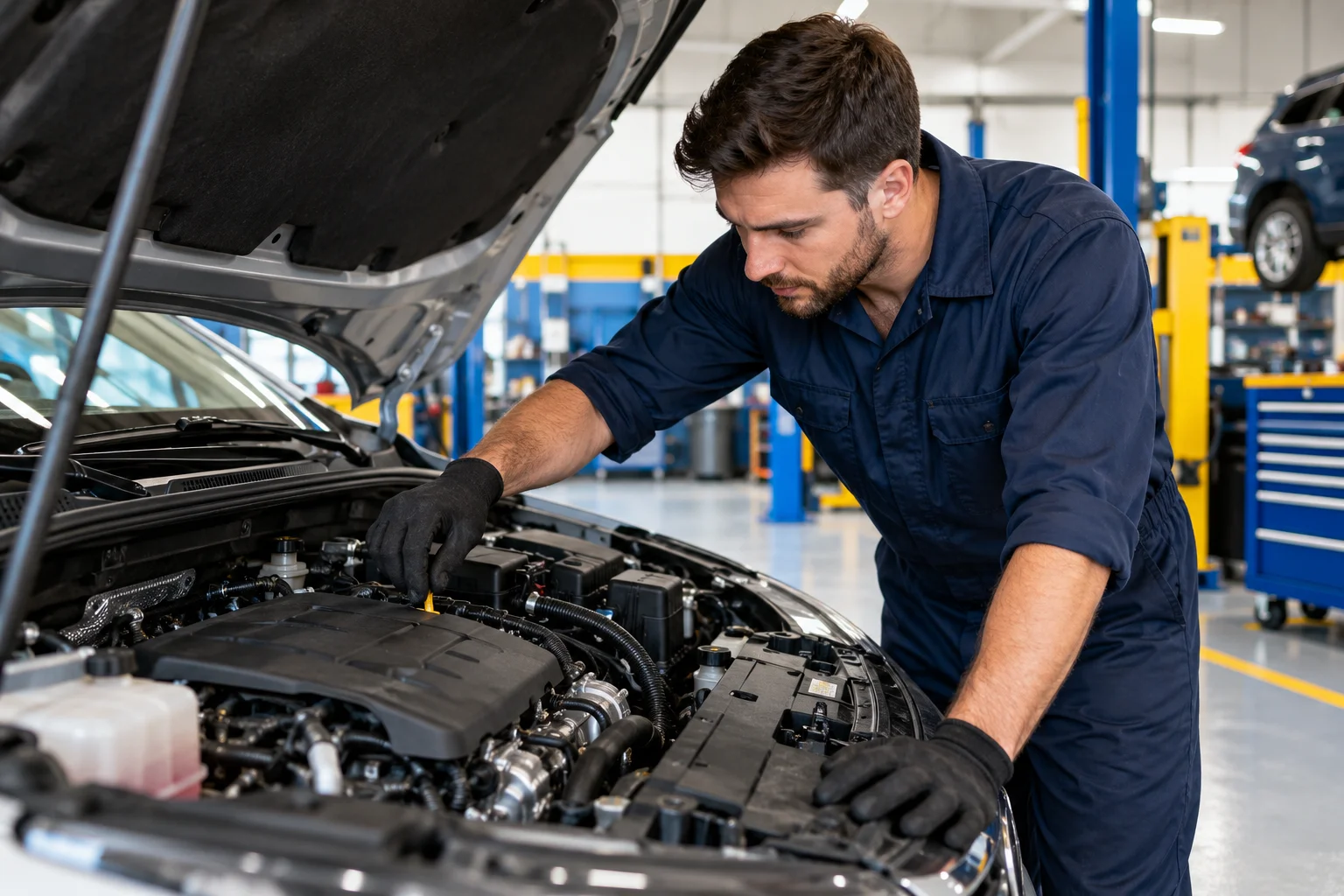 Illustrative photograph of a mechanic checking a vehicle engine