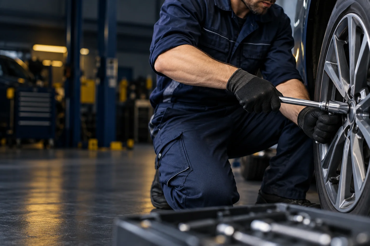 Illustrative photograph of a mechanic working on an automotive wheel